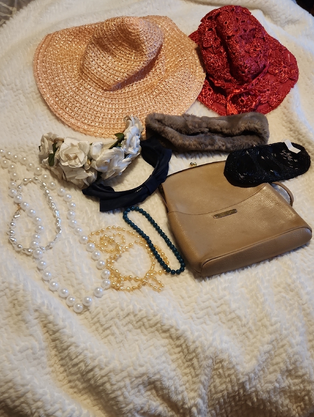 Vintage 1950s Girls Dressup Bundle With Hats, Purses, Pearls, And Headbands
